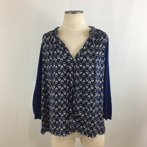 Anthropologie- Dark Blue & Yellow Geo Print Top Lg